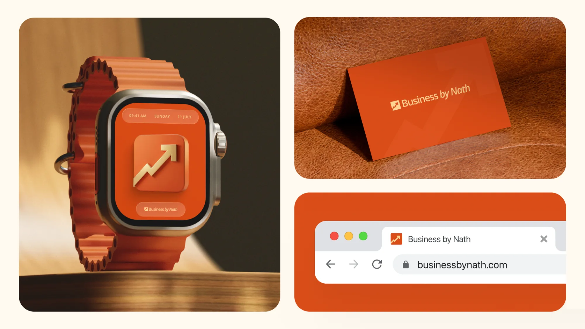 Business by Nath: identity applied to a watch face, business card and browser tab